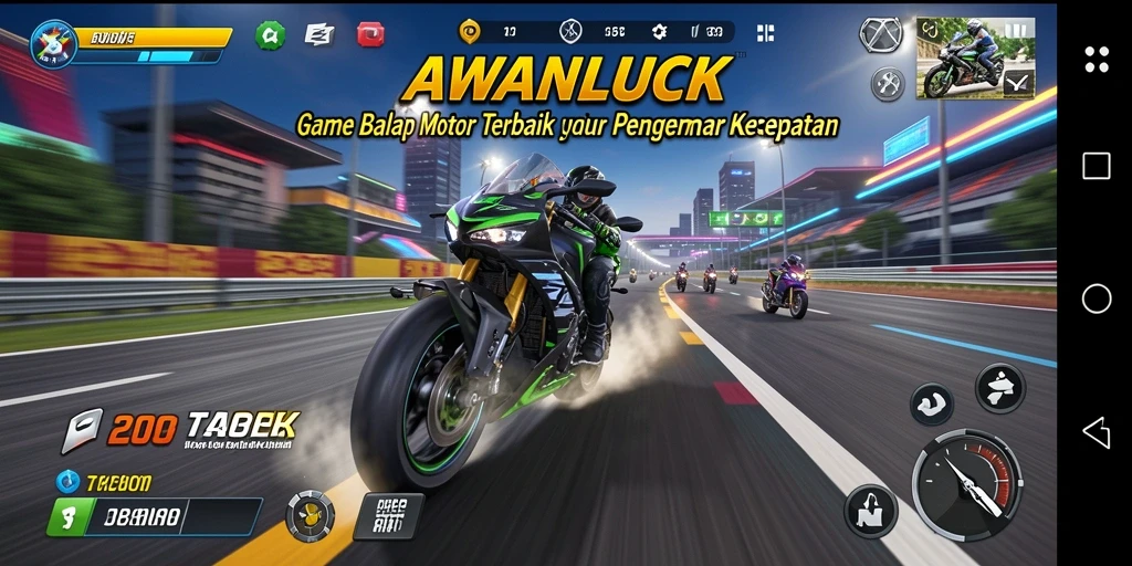 Gameplay menegangkan di AWANLUCK saat balap motor.