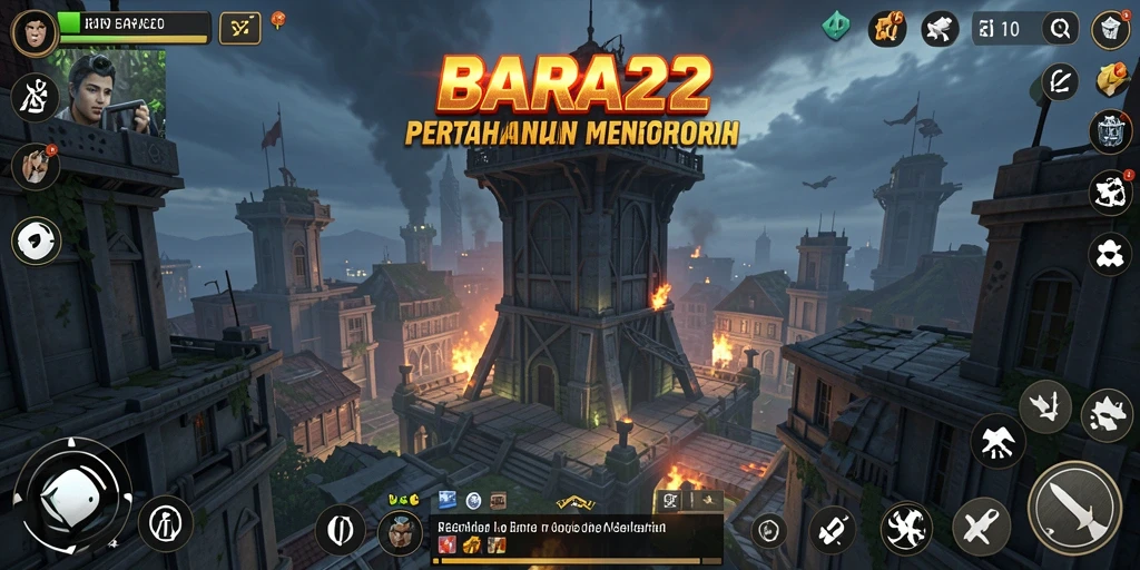 Tampilan gameplay menegangkan dalam BARA22 dengan menara dan musuh.
