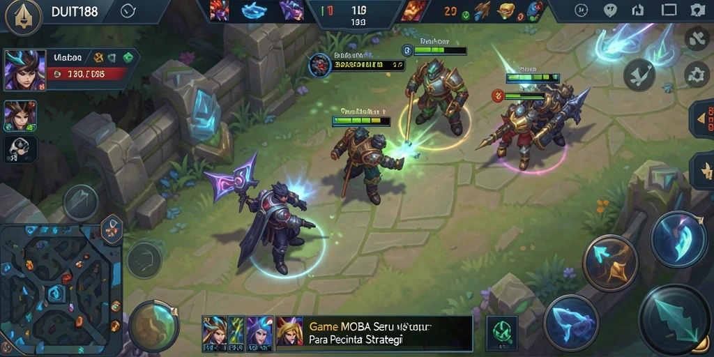 Screenshot gameplay MOBA yang intens dan strategis.