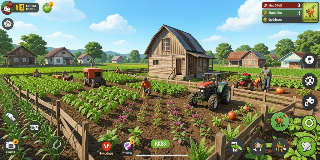 Screenshot menunjukkan gameplay pertanian dengan ladang subur dan hewan ternak.