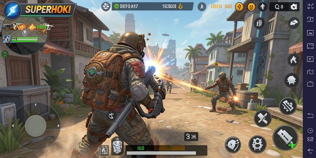 Tampilan gameplay SUPERHOKI yang epik dan penuh aksi.